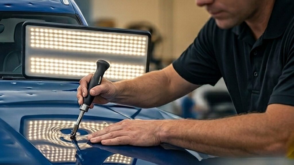 Technician from What The Hail Auto Dent Repair performing paintless dent repair on a vehicle in St. Louis.