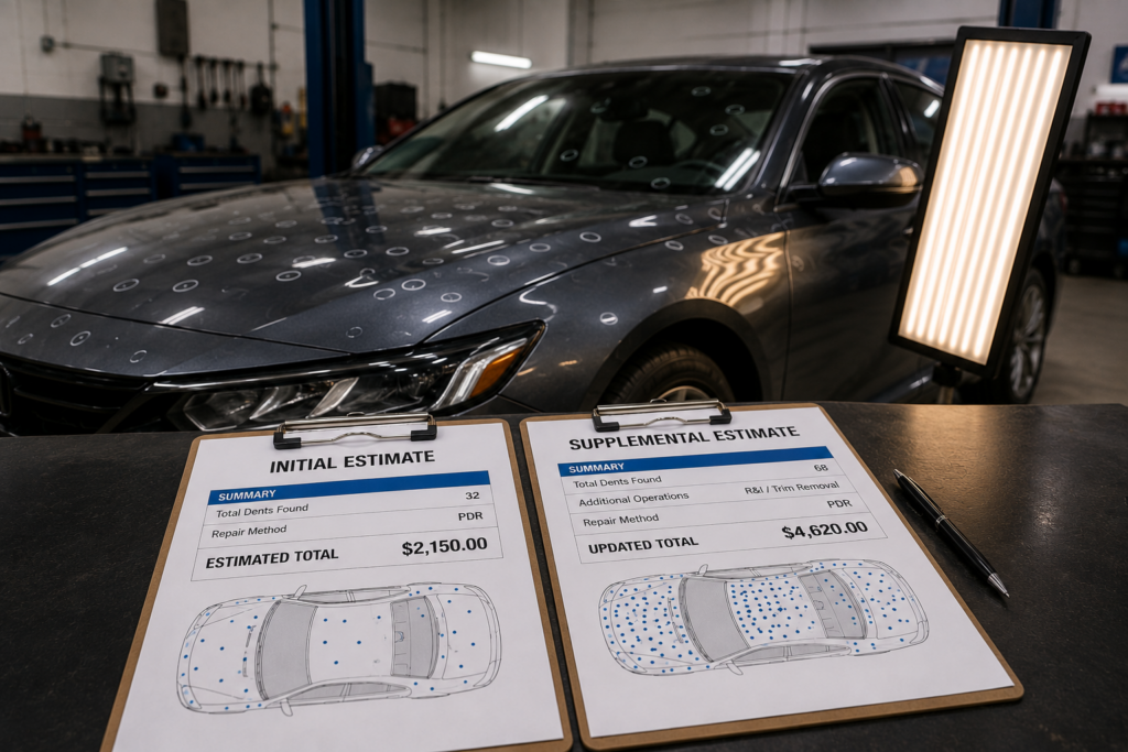 PDR technician documenting hidden hail damage during a detailed vehicle inspection in Downers Grove, IL.
