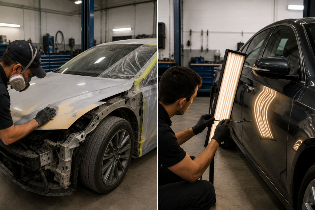 Side-by-side comparison of collision center repair versus paintless dent repair for hail damage in Downers Grove, IL.