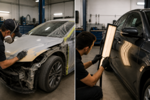 Side-by-side comparison of collision center repair versus paintless dent repair for hail damage in Downers Grove, IL.